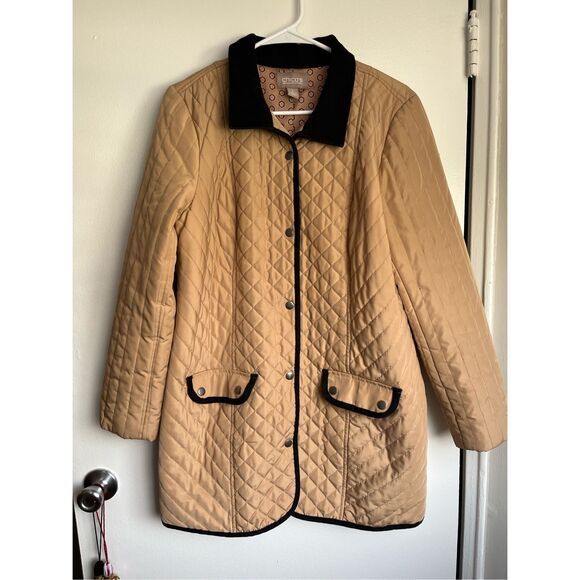 Chicos Size 1 Medium Womens Tan Coat Black Corduroy Collar Long Line NEW - Picture 1 of 5